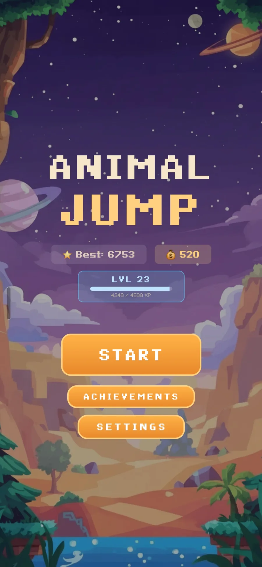 Title screen reading "ANIMAL JUMP" over a pixel desert canyon at dusk with a saturn-ringed planet in the sky