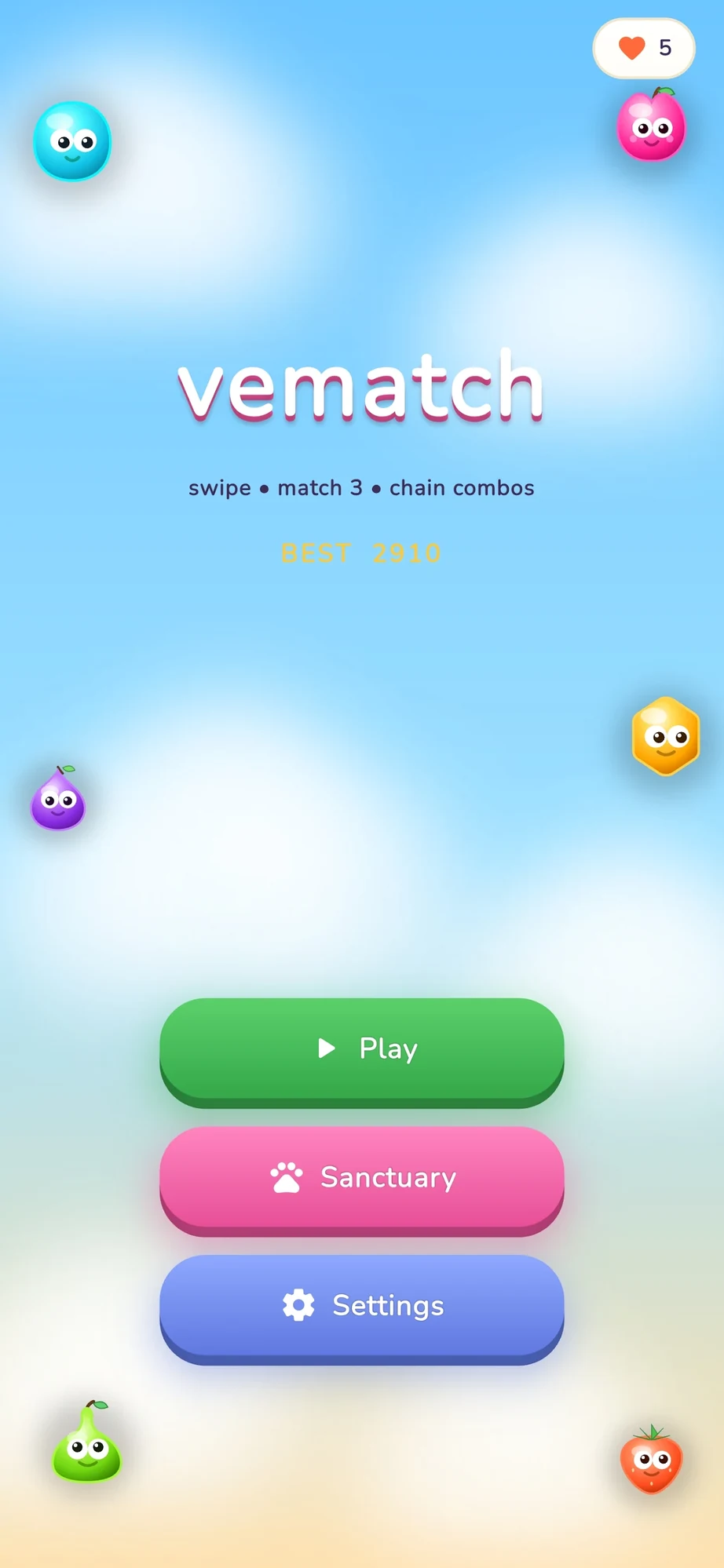 vematch main menu — the pink-outlined wordmark on a bright sky, best score, and Play, Sanctuary and Settings buttons