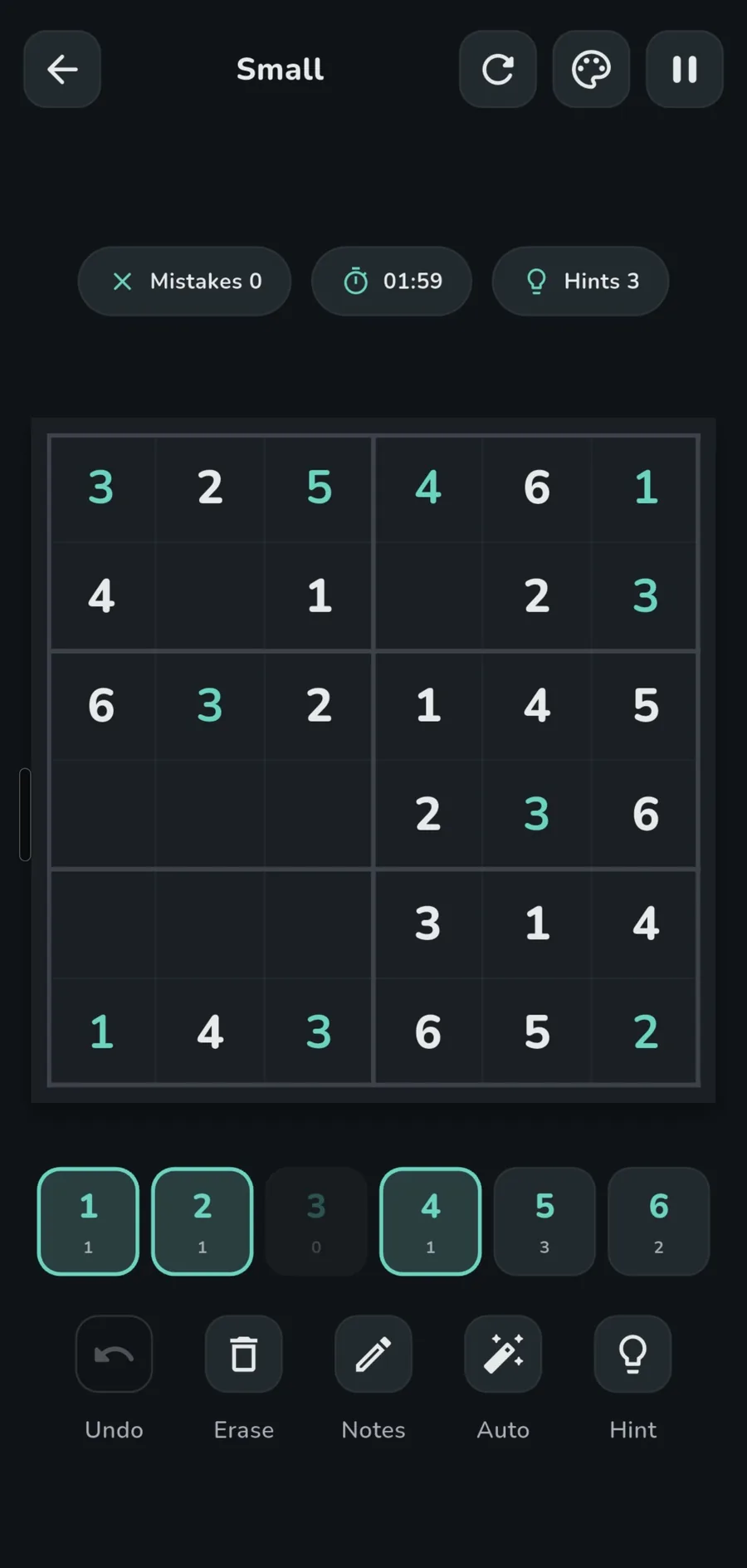 A 6×6 grid on the dark Mint theme, showing mistakes, timer, and hint counters